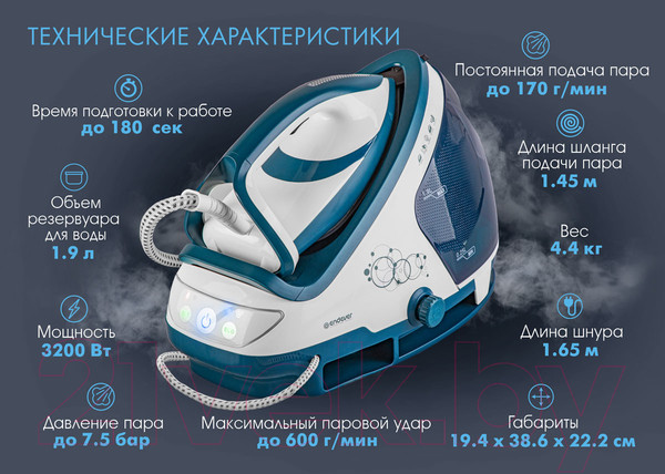 Изображение товара Утюг с парогенератором Endever Delta-500 (белый/темно-бирюзовый)