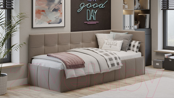 Изображение товара Кровать-тахта ТриЯ Грей c мягкой обивкой с ПМ 80x200 (велюр Galaxy серо-бежевый)
