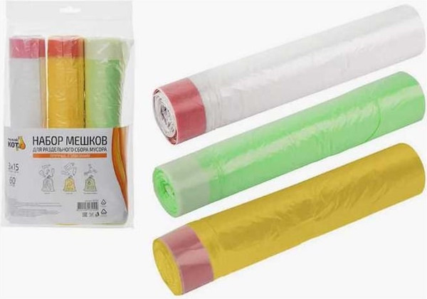 Изображение товара Пакеты для мусора Рыжий кот Для раздельного сбора мусора / 107148 (60л, 3x15шт)