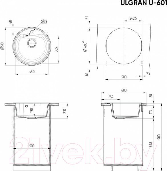 Изображение товара Мойка кухонная Ulgran U-601 (328 бежевый)