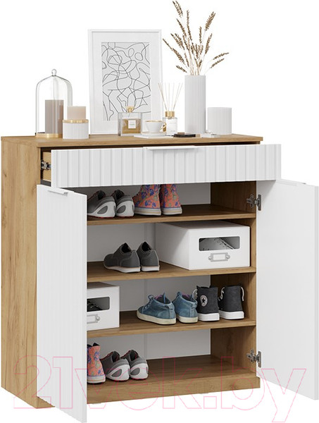 Изображение товара Тумба в прихожую ТриЯ Хилтон комбинированная Исп.2.2 (дуб крафт золотой/белый матовый)
