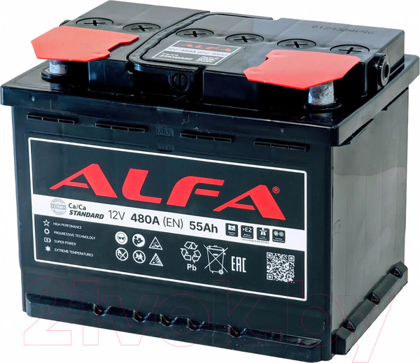 Изображение товара Автомобильный аккумулятор ALFA battery Standart R+ 480A / 6CT-55R (55 А/ч)