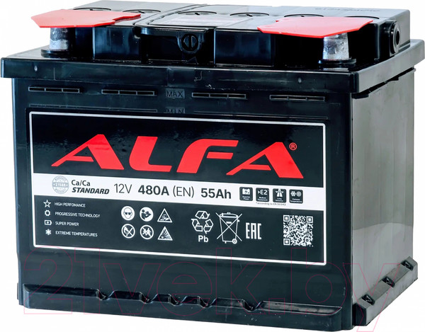 Изображение товара Автомобильный аккумулятор ALFA battery Standart R+ 480A / 6CT-55R (55 А/ч)