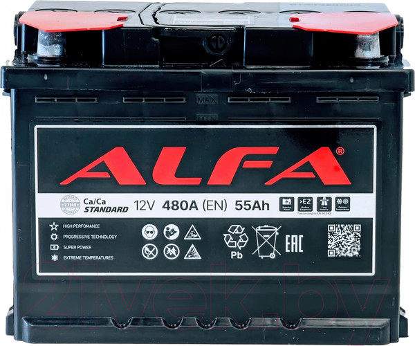 Изображение товара Автомобильный аккумулятор ALFA battery Standart R+ 480A / 6CT-55R (55 А/ч)