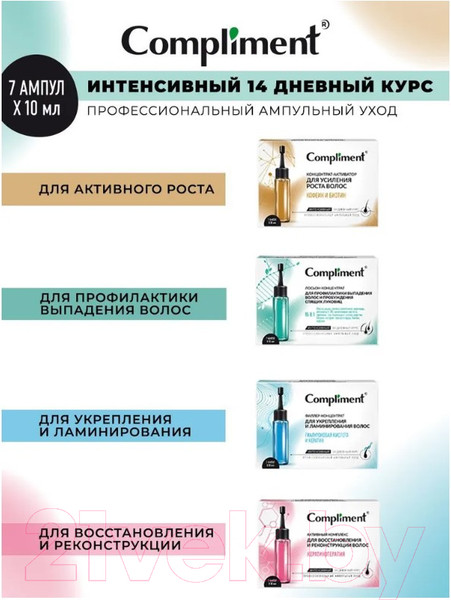 Изображение товара Ампулы для волос Compliment Кератинотерапия Активный комплекс для восстан и реконстр волос (7x10мл)