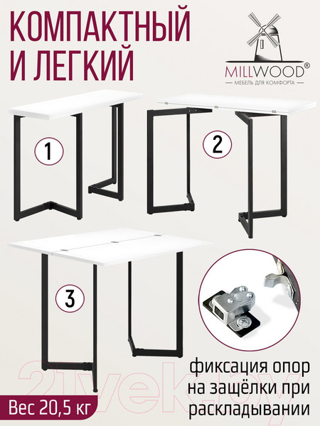 Изображение товара Обеденный стол Millwood Арлен 3 147x38-76x76 (белый/металл черный)