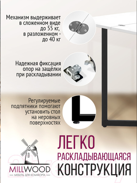 Изображение товара Обеденный стол Millwood Арлен 3 147x38-76x76 (белый/металл черный)