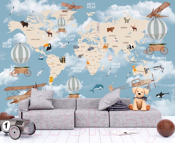 Изображение товара Фотообои листовые ФабрикаФресок Детская карта с животными на английском / 054265 (400x265)