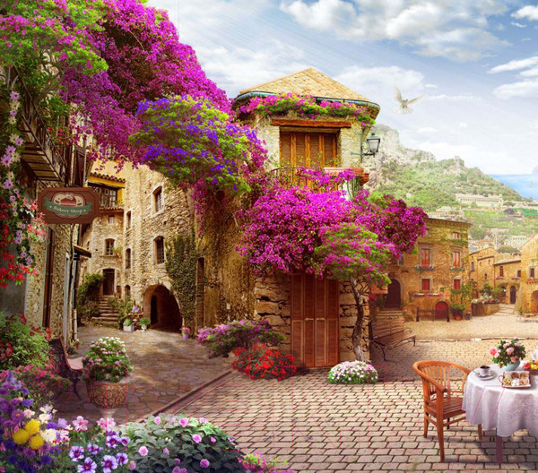 Изображение товара Фотообои листовые ФабрикаФресок Фреска Античная улочка с сиренью / 113265 (300x265)