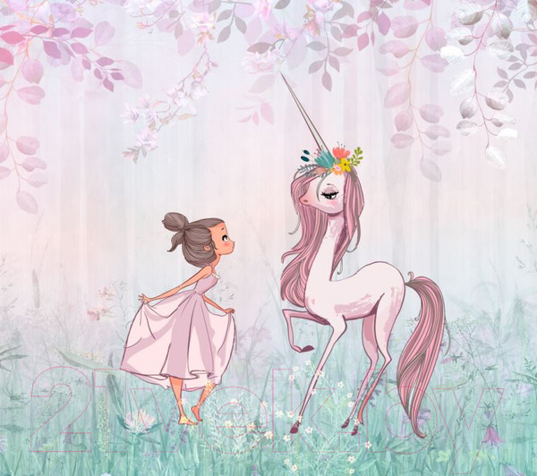 Изображение товара Фотообои листовые ФабрикаФресок Сказка Девочка и единорог / 243265 (300x265)