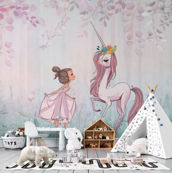 Изображение товара Фотообои листовые ФабрикаФресок Сказка Девочка и единорог / 243265 (300x265)