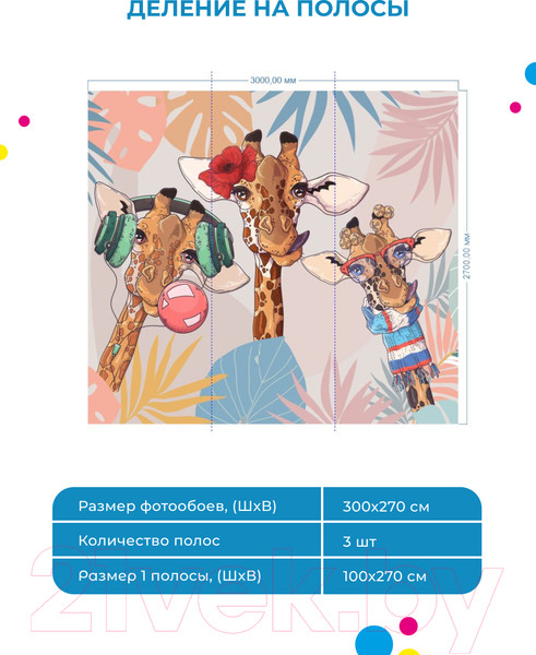Изображение товара Фотообои листовые ФабрикаФресок Детские Веселые жирафы / 253270 (300x270)