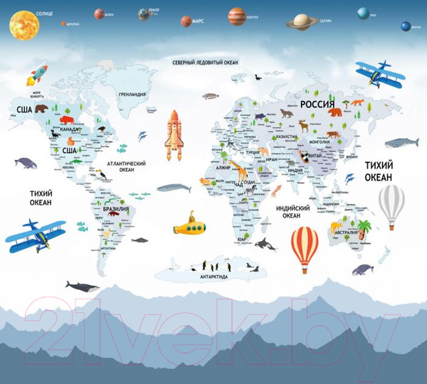 Изображение товара Фотообои листовые ФабрикаФресок Детская карта с планетами / 263270 (300x270)