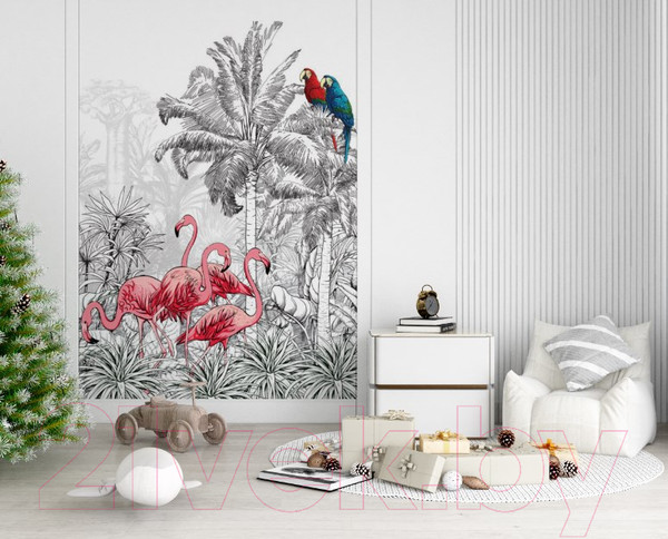 Изображение товара Фотообои листовые ФабрикаФресок Контрастные фламинго и попугаи / 282270 (200x270)