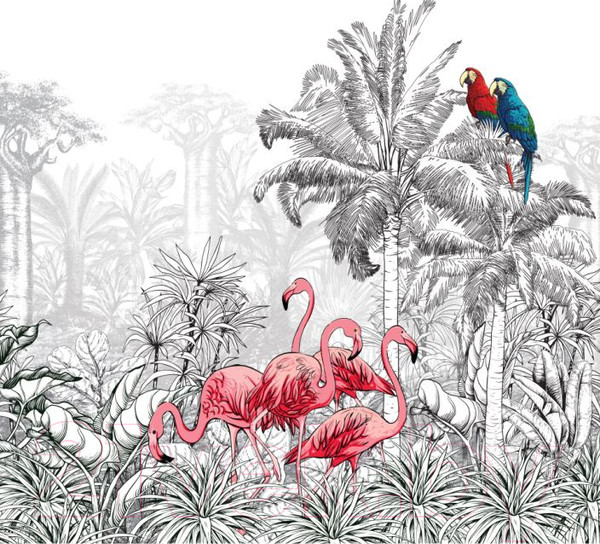 Изображение товара Фотообои листовые ФабрикаФресок Контрастные фламинго и попугаи / 283270 (300x270)