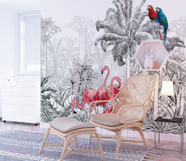Изображение товара Фотообои листовые ФабрикаФресок Контрастные фламинго и попугаи / 283270 (300x270)