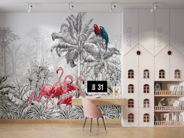 Изображение товара Фотообои листовые ФабрикаФресок Контрастные фламинго и попугаи / 283270 (300x270)