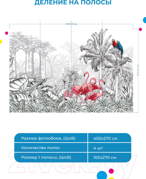 Изображение товара Фотообои листовые ФабрикаФресок Контрастные фламинго и попугаи / 284270 (400x270)