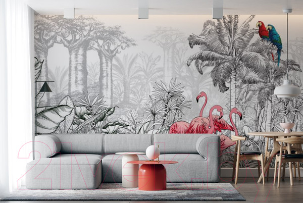 Изображение товара Фотообои листовые ФабрикаФресок Контрастные фламинго и попугаи / 284270 (400x270)
