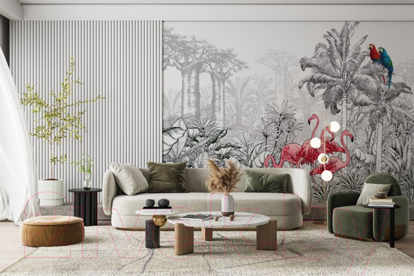 Изображение товара Фотообои листовые ФабрикаФресок Контрастные фламинго и попугаи / 284270 (400x270)