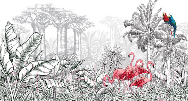 Изображение товара Фотообои листовые ФабрикаФресок Контрастные фламинго и попугаи / 285270 (500x270)