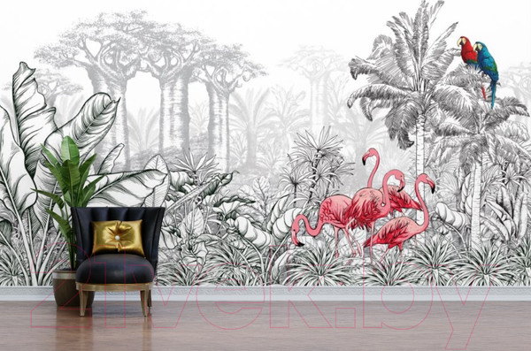 Изображение товара Фотообои листовые ФабрикаФресок Контрастные фламинго и попугаи / 285270 (500x270)