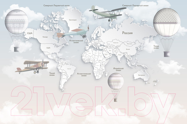 Изображение товара Фотообои листовые ФабрикаФресок Детская карта светлая с воздушными шарами / 334265 (400x265)