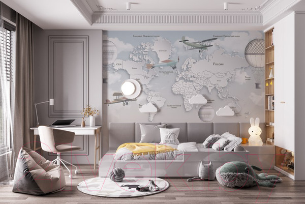 Изображение товара Фотообои листовые ФабрикаФресок Детская карта светлая с воздушными шарами / 334265 (400x265)