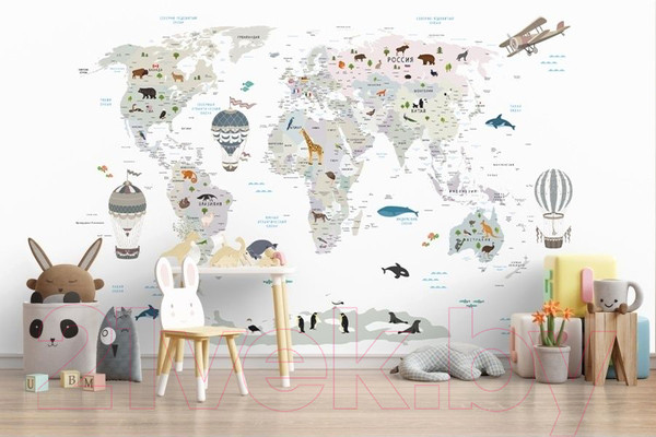 Изображение товара Фотообои листовые ФабрикаФресок Детская карта с шарами и зверями / 364270 (400x270)
