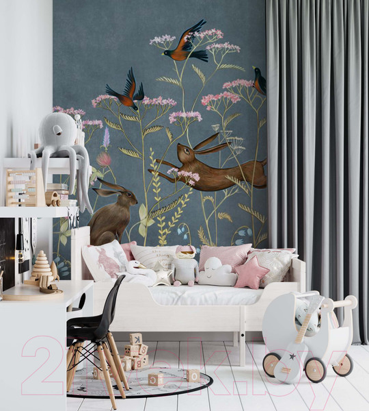 Изображение товара Фотообои листовые ФабрикаФресок Зайцы в цветах Афреска / 562270 (200x270)