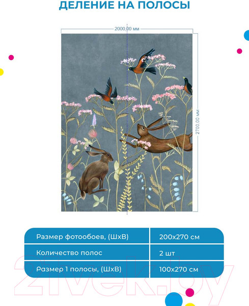 Изображение товара Фотообои листовые ФабрикаФресок Зайцы в цветах Афреска / 562270 (200x270)