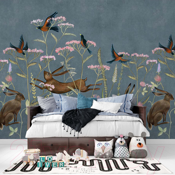 Изображение товара Фотообои листовые ФабрикаФресок Зайцы в цветах Афреска / 563270 (300x270)