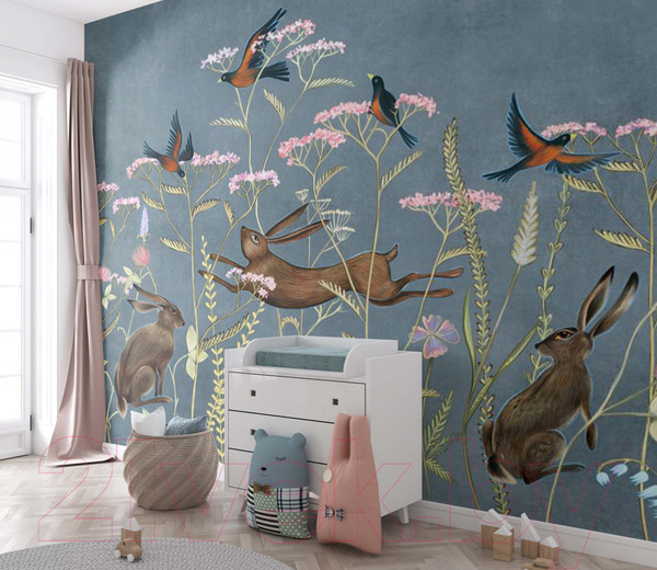 Изображение товара Фотообои листовые ФабрикаФресок Зайцы в цветах Афреска / 563270 (300x270)