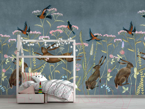 Изображение товара Фотообои листовые ФабрикаФресок Зайцы в цветах Афреска / 564270 (400x270)