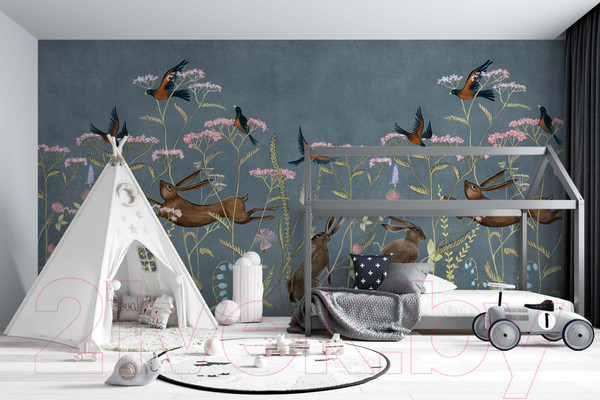 Изображение товара Фотообои листовые ФабрикаФресок Зайцы в цветах Афреска / 565270 (500x270)