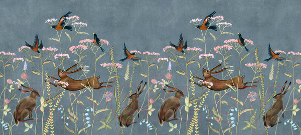 Изображение товара Фотообои листовые ФабрикаФресок Зайцы в цветах Афреска / 566270 (600x270)