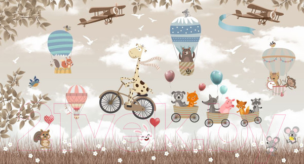 Изображение товара Фотообои листовые ФабрикаФресок Жираф с друзьями на велосипеде / 775270 (500x270)