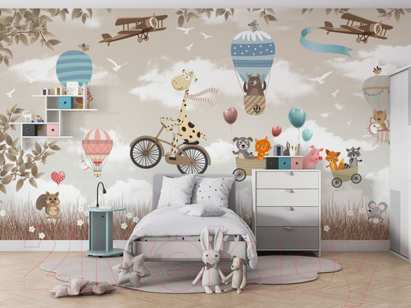 Изображение товара Фотообои листовые ФабрикаФресок Жираф с друзьями на велосипеде / 775270 (500x270)