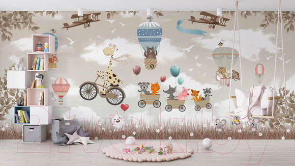 Изображение товара Фотообои листовые ФабрикаФресок Жираф с друзьями на велосипеде / 776270 (600x270)