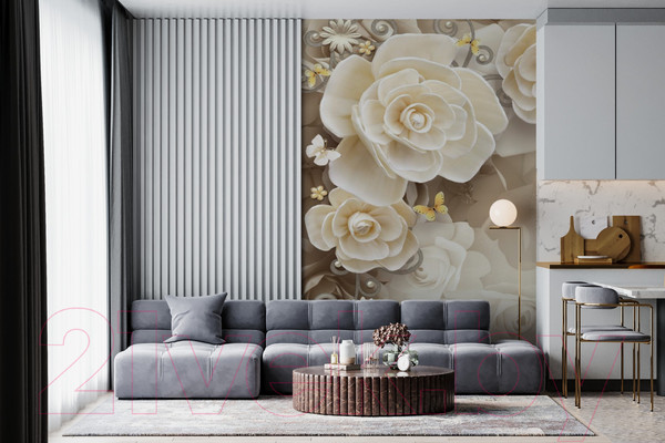 Изображение товара Фотообои листовые ФабрикаФресок 3D Цветы с бабочками / 872270 (200x270)