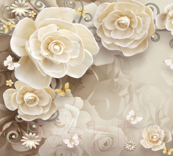 Изображение товара Фотообои листовые ФабрикаФресок 3D Цветы с бабочками / 873270 (300x270)