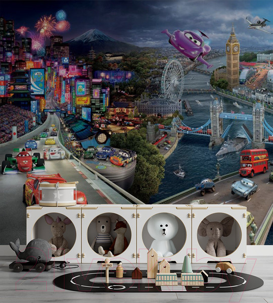 Изображение товара Фотообои листовые ФабрикаФресок Тачки в городе мультфильм / 883270 (300x270)