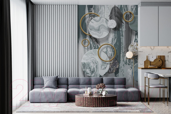 Изображение товара Фотообои листовые ФабрикаФресок Перья и мраморные круги / 922270 (200x270)