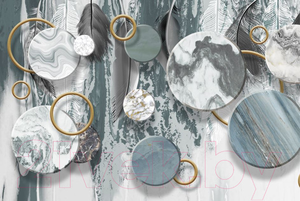 Изображение товара Фотообои листовые ФабрикаФресок Перья и мраморные круги / 924270 (400x270)