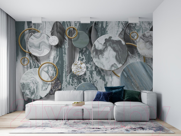 Изображение товара Фотообои листовые ФабрикаФресок Перья и мраморные круги / 924270 (400x270)