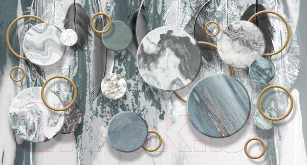 Изображение товара Фотообои листовые ФабрикаФресок Перья и мраморные круги / 925270 (500x270)