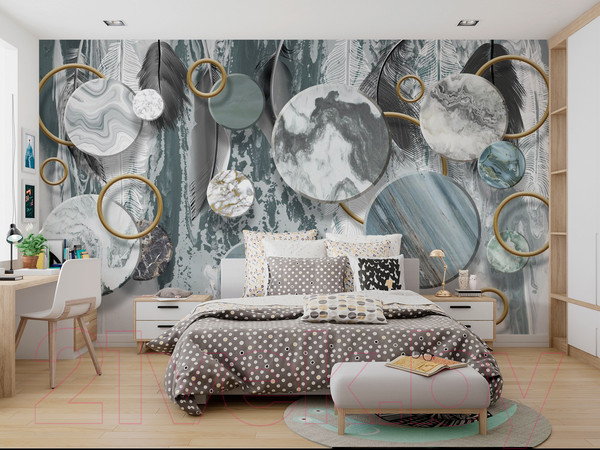 Изображение товара Фотообои листовые ФабрикаФресок Перья и мраморные круги / 925270 (500x270)