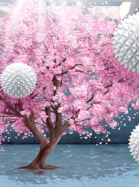 Изображение товара Фотообои листовые ФабрикаФресок 3D Шары на фоне Сакуры / 832270 (200x270)