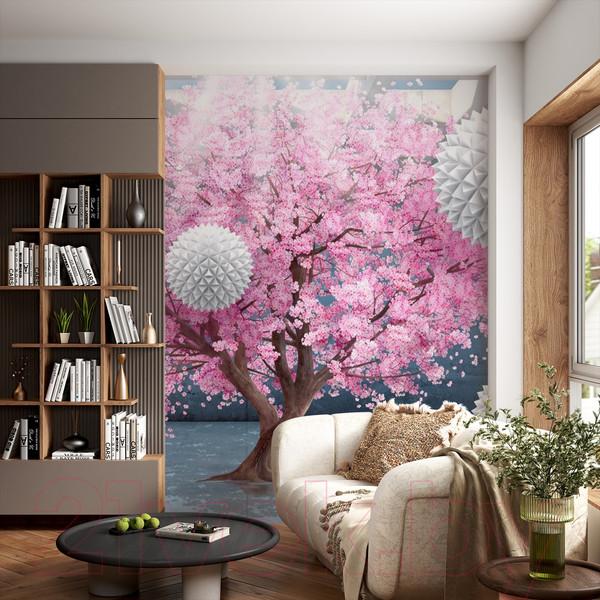 Изображение товара Фотообои листовые ФабрикаФресок 3D Шары на фоне Сакуры / 832270 (200x270)