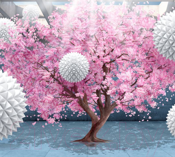 Изображение товара Фотообои листовые ФабрикаФресок 3D Шары на фоне сакуры / 833270 (300x270)